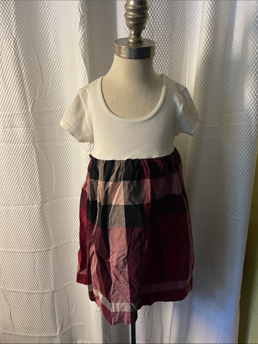 Burberry Cream Short-Sleeve Top with Burgundy and Black Plaid Skirt girls size 4
